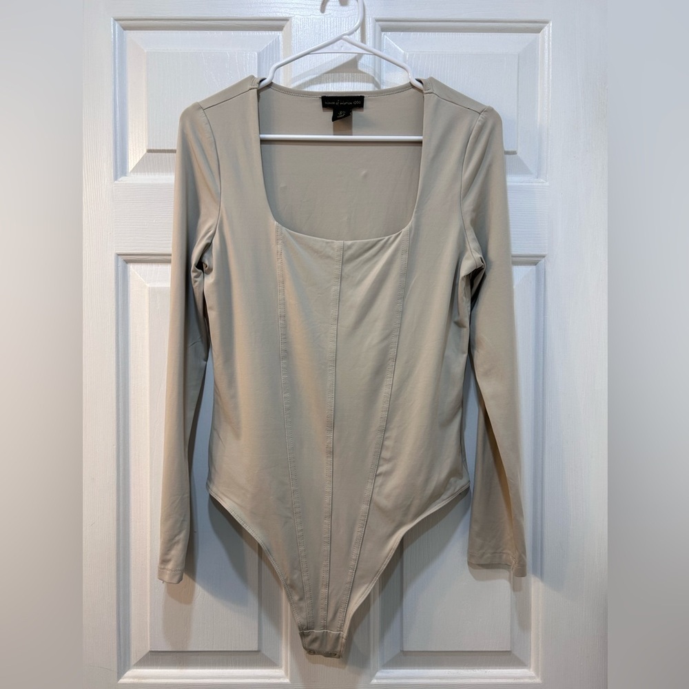 House of Harlow 1960 Large Bodysuit Long Sleeve Top Beige Stretchy Boho Designer